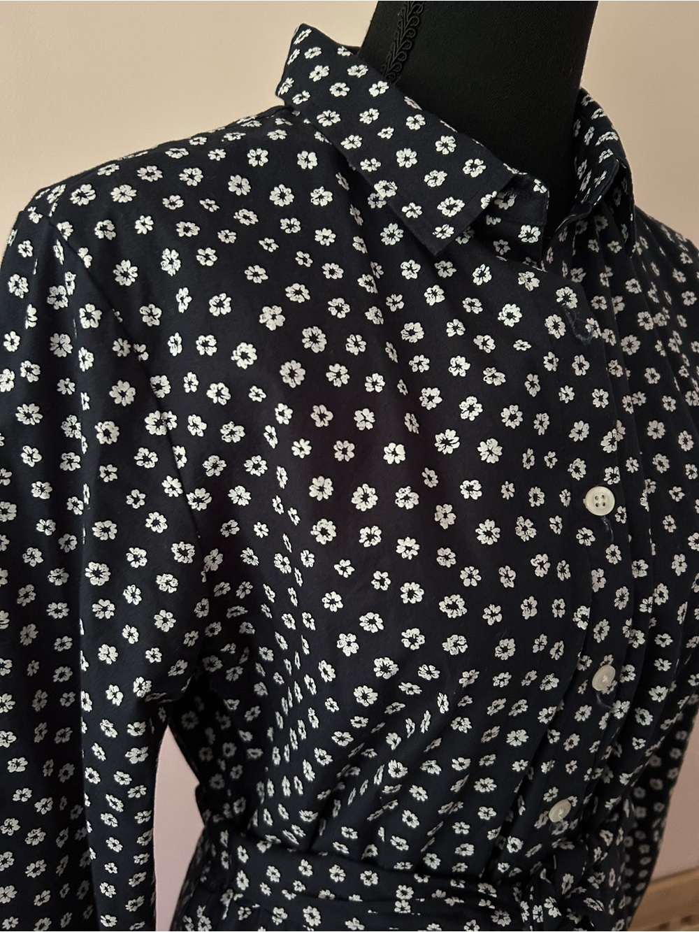 J. Crew Navy Button-Down Shirt Dress with White Floral Print